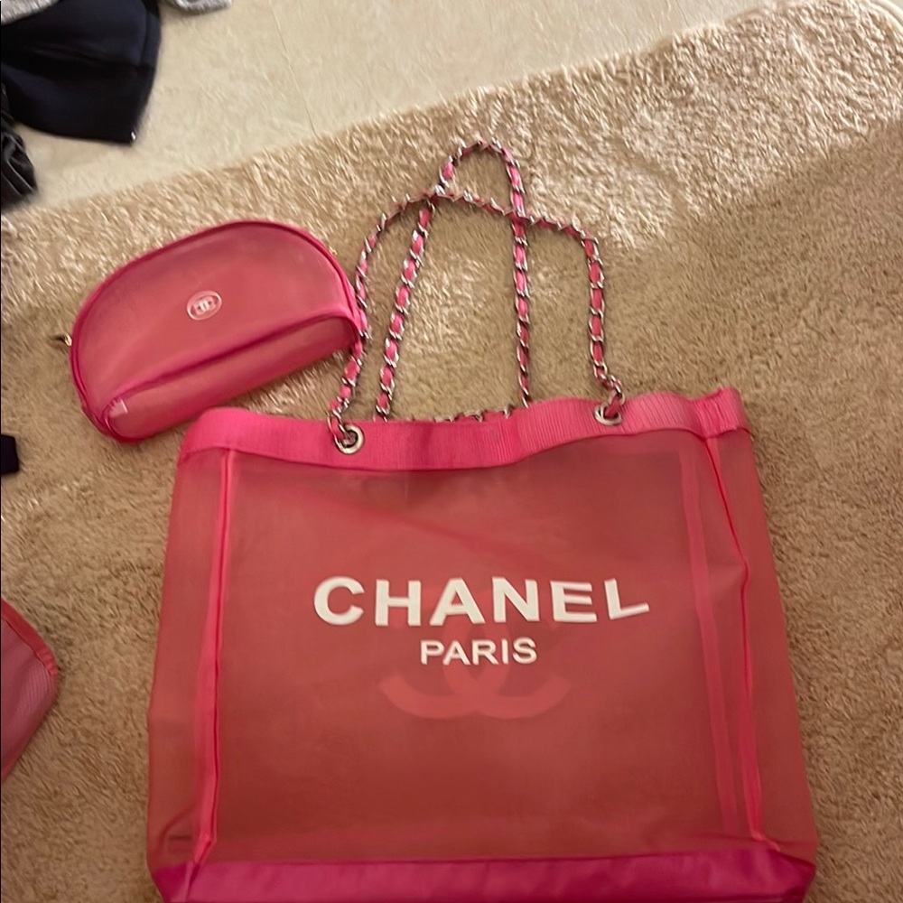 Chanel authentic Pink Tote Bag mesh get with purchase Rare Perfect beach bag